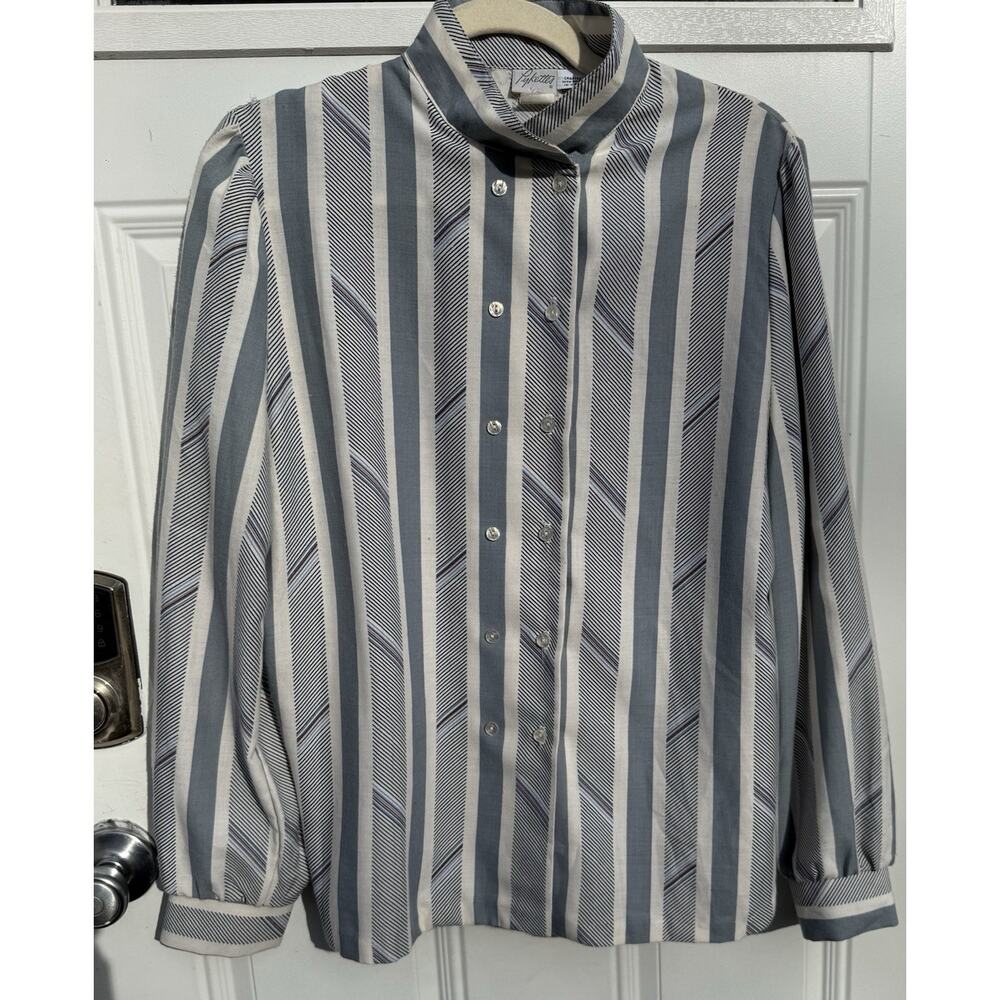 Vintage Pykettes Striped Blouse Women 14 Blue White Offset Button Retro USA Top